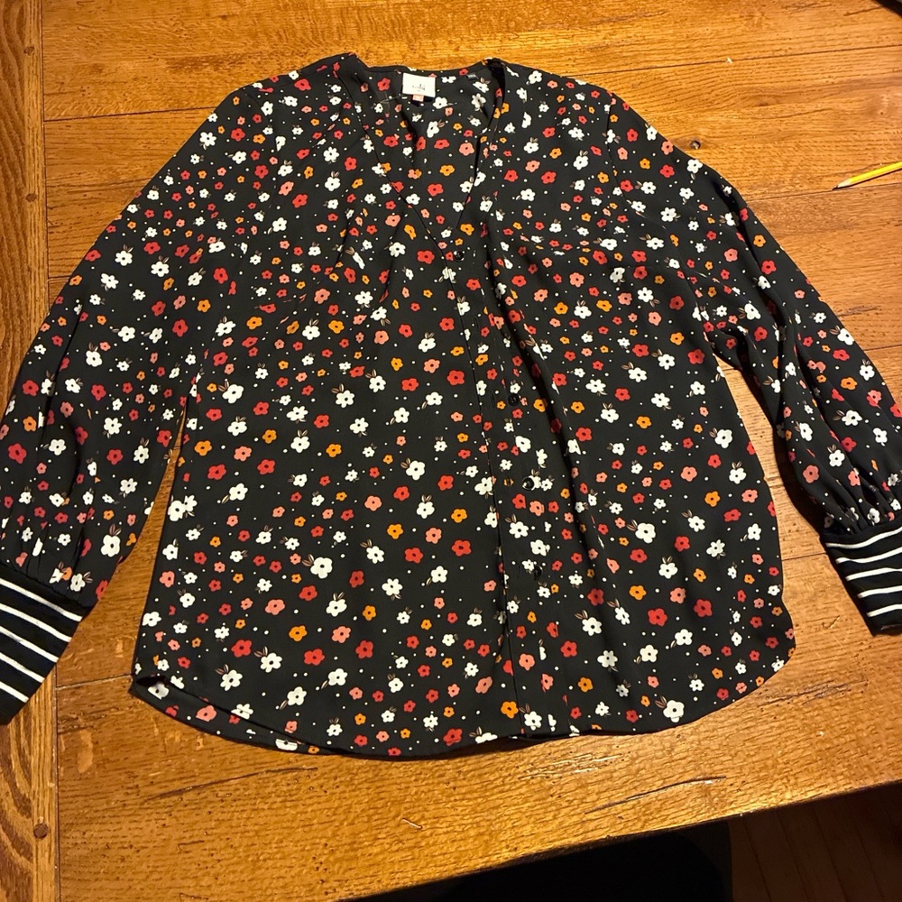 CAbi Floral Blouse - Black with Red and White